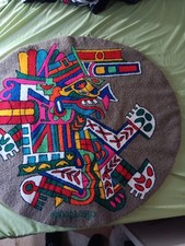 Vintage Mexican Wool Rug Wall Hanging Hand Woven 36"- Mayan Aztec Inca design