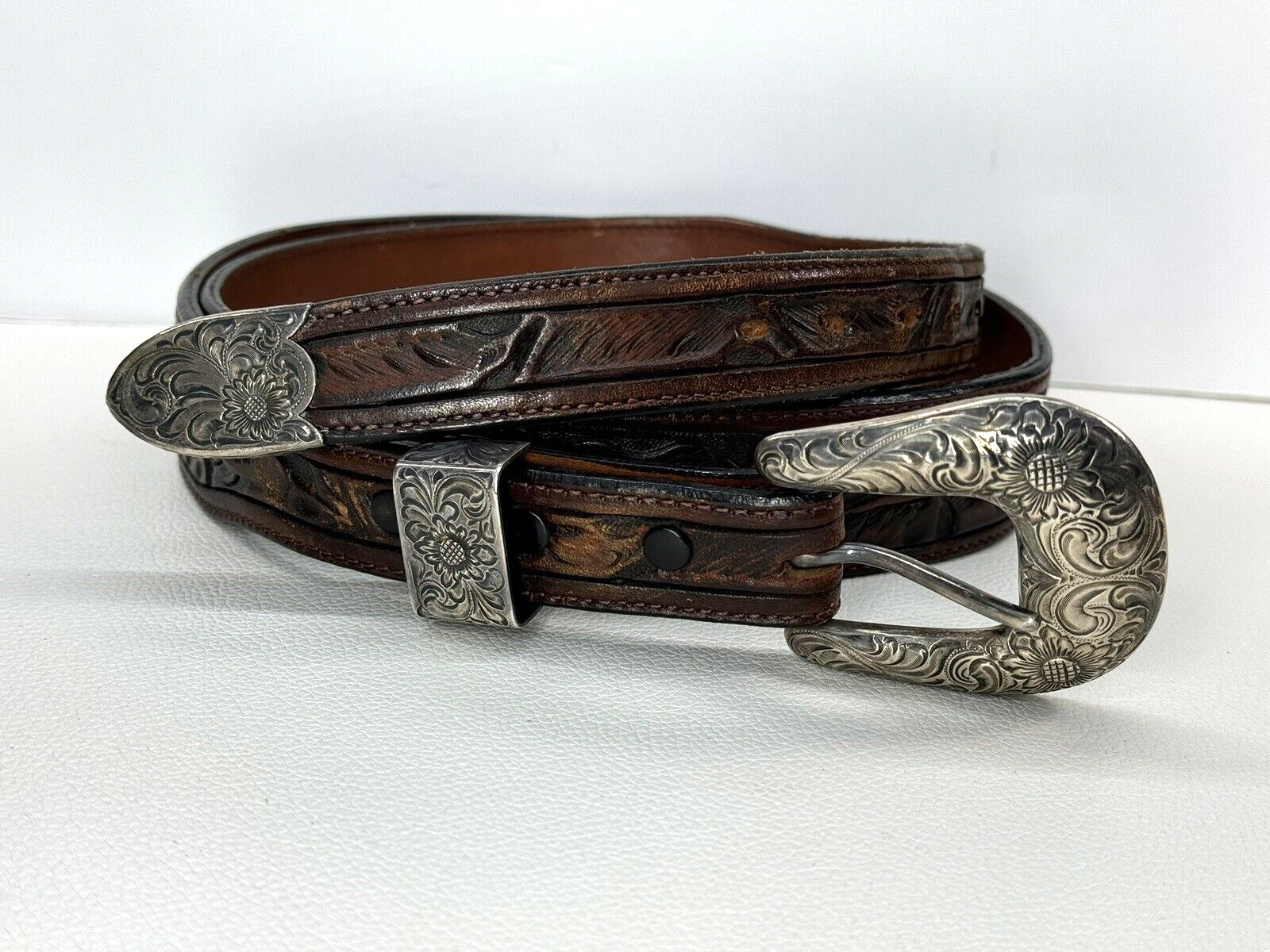 Vintage Vogt Sterling Silver Western Belt Buckle Ranch Set Flower Tooled Leather