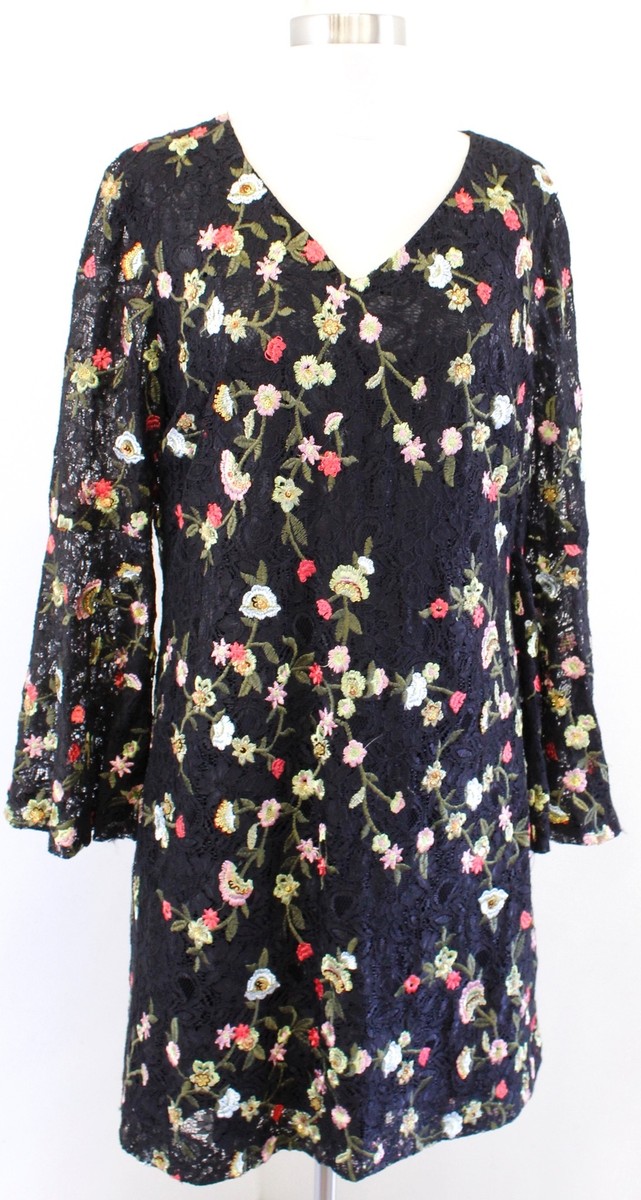 Tahari ASL Levine Black Lace Floral Embroidered Sequin Bell Sleeve Dress  Size 12