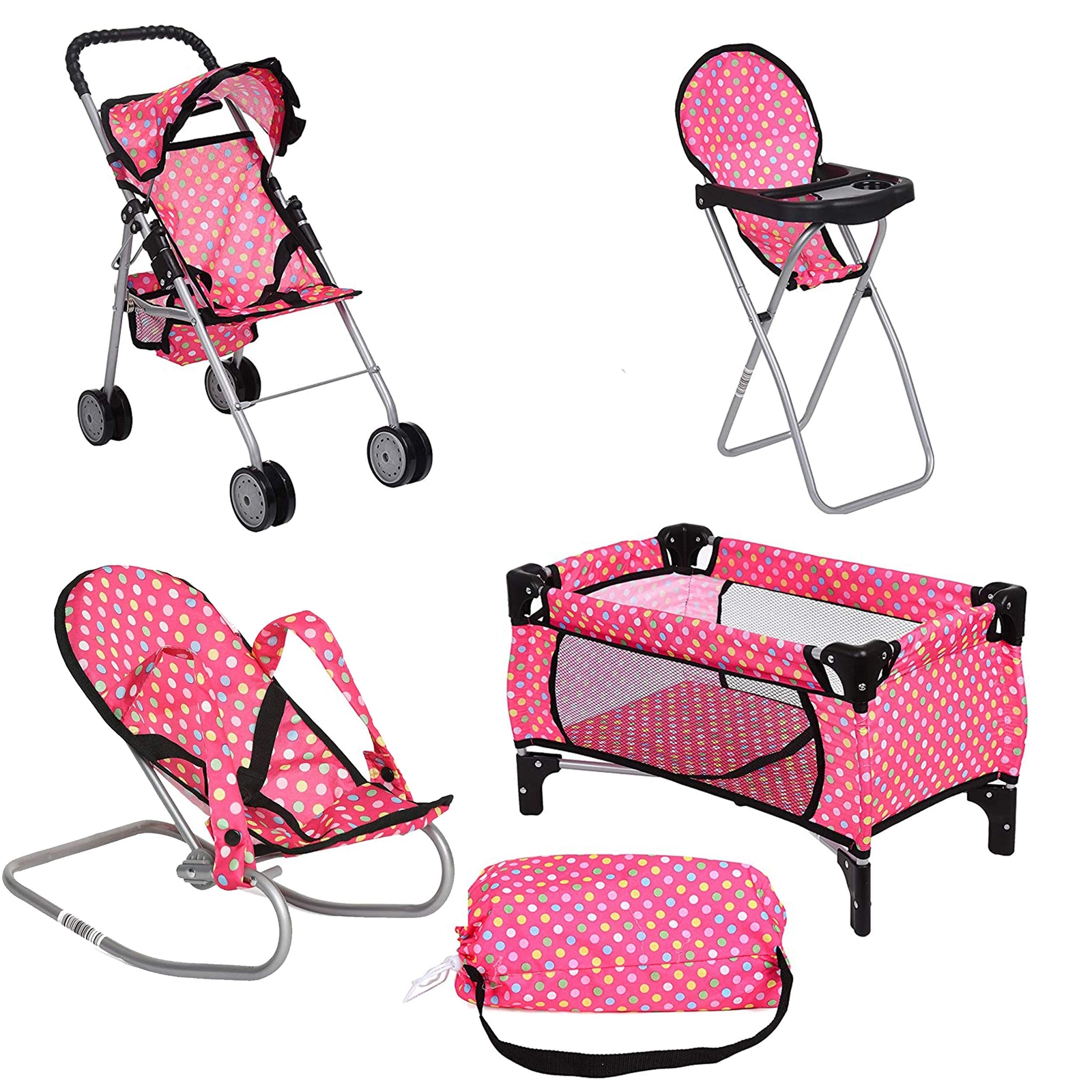 4 Piece Doll Play Set, includes - 1 Pack N Play. 2 Doll Stroller 3.Doll High ...