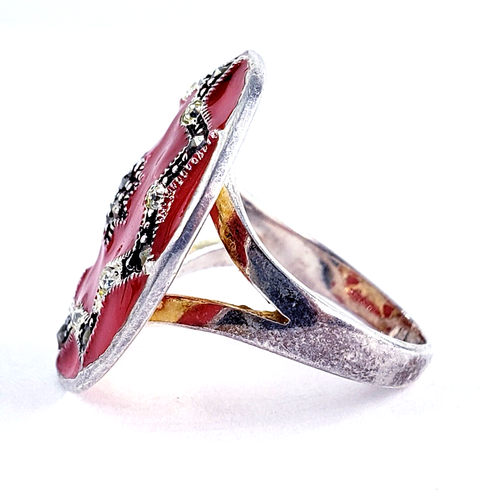 Vintage Sterling Silver Red Enamel Marcasite CZ Star Ring Size 6.5 Womens Circle - Picture 8 of 10