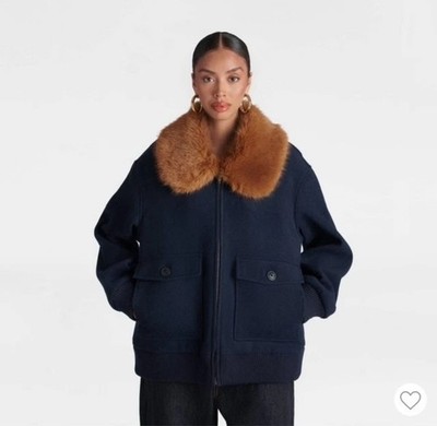 KBB by KAHLANA Women's 'The Faux Fur Collar Bomber' Navy Blue/Teddy Jacket XL