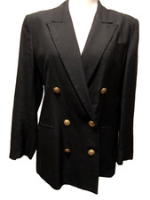 Vtg USA Talbots Black Linen Blend Peak Lapel 2-Breasted Gold Button Blazer 8P