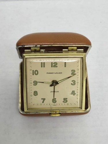 Vintage PHINNEY-WALKER Travel Alarm Clock Folding Case Glow Dial Japan Working - Picture 1 of 6