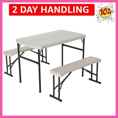 80373 Portable Folding Camping RV Picnic Table and Bench Set, Almond