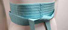 Vintage Silk Sash Belt Light Ocean Blue Stripes Beach Bohemian OBI WRAP KIMONO