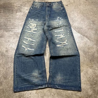 Y2K Baggy Blue Thrashed Jeans Sashiko Repair Wide Leg Skater