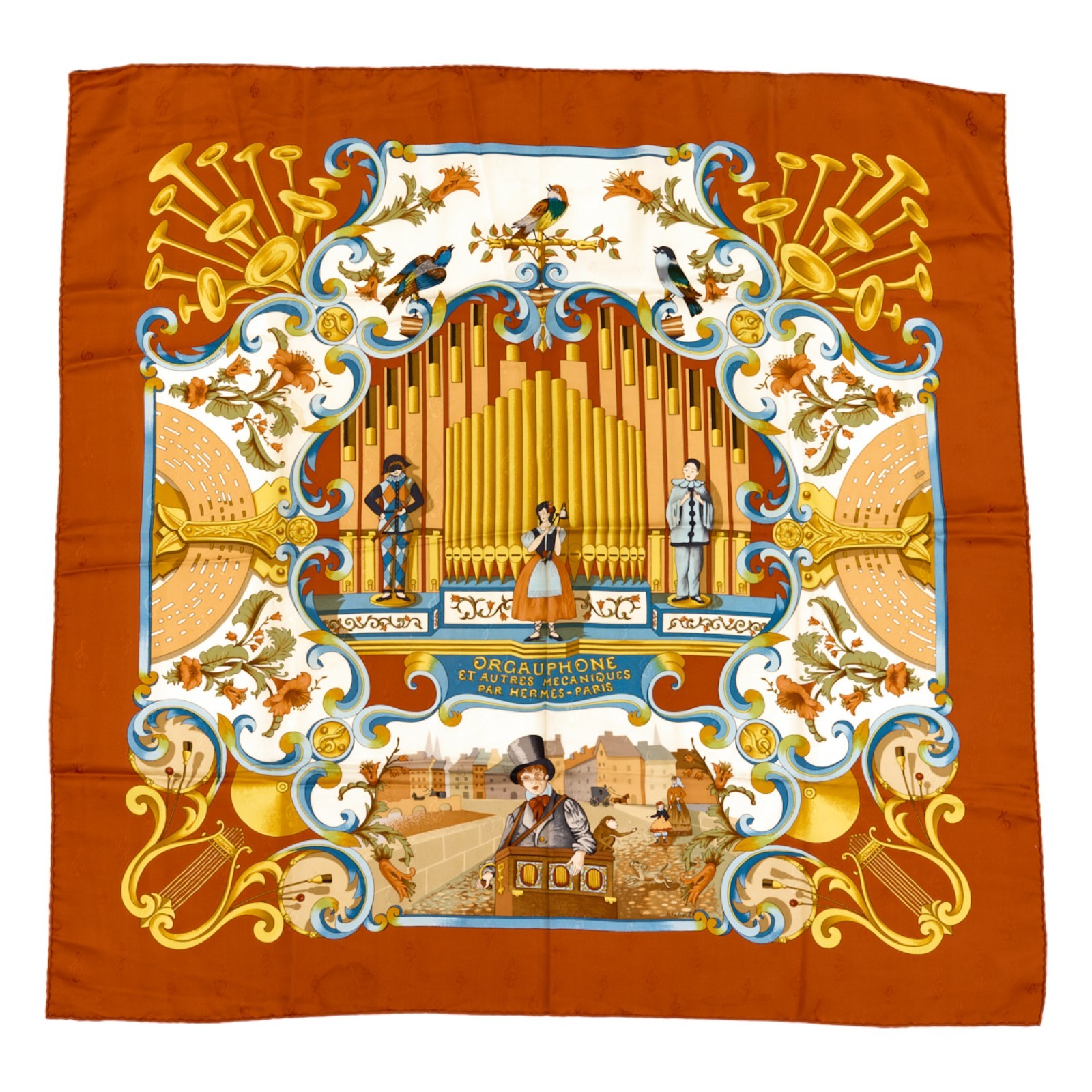 Hermes Silk Scarf Carre 90 "Orgauphone et Autres Mecaniques" Orange US duty free