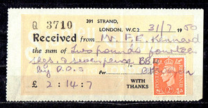 UK Receipt of £ 2:14:7 with thanks. Stamped 31/7/1950