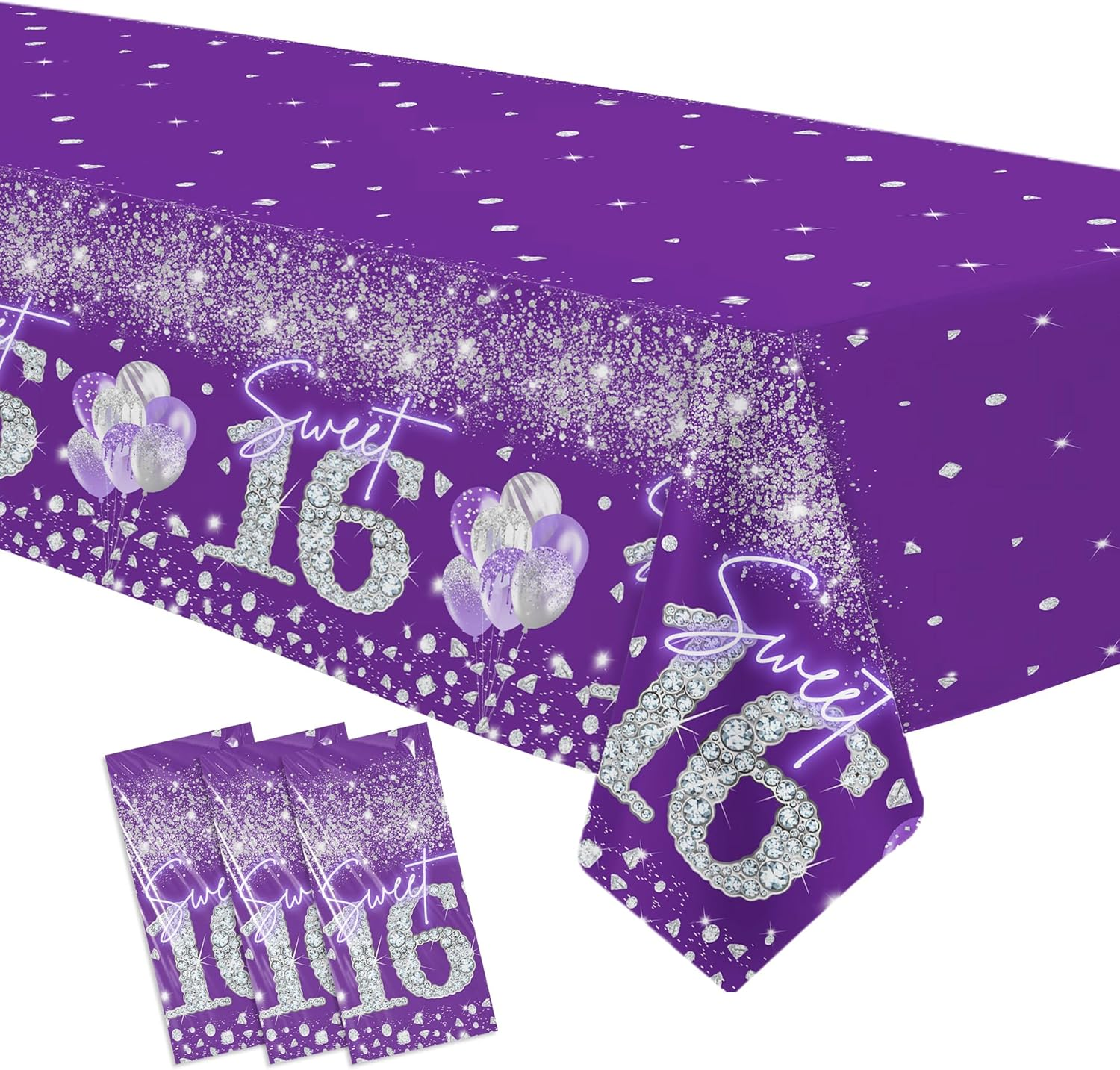 Sweet 16 Birthday Decorations Girls Tablecloth Set 3Pcs Disposable Happy Sweet Sixteen Party Supplies