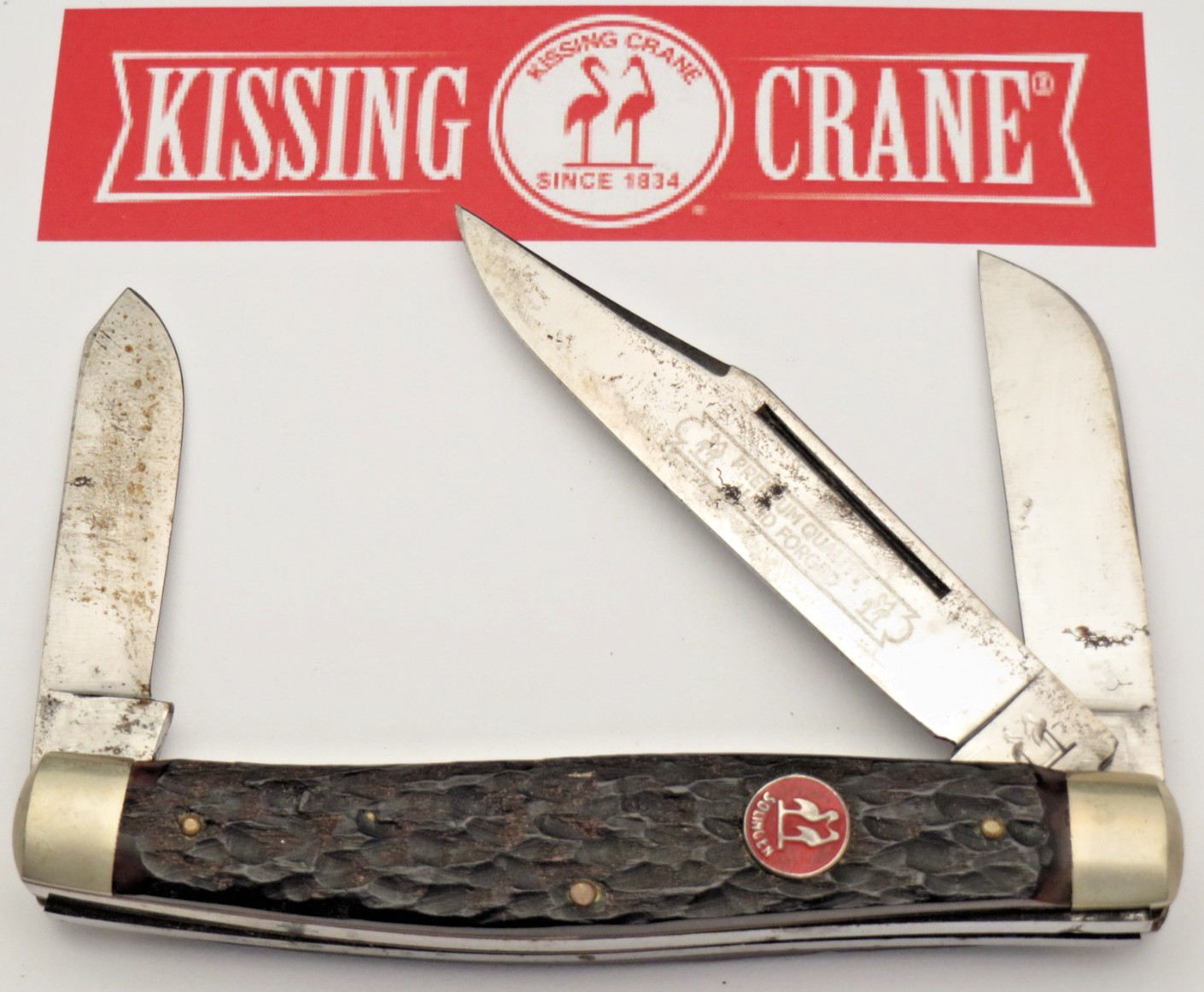 Vintage KISSING CRANE Solingen Stockman Knife Bone Handles - Unused with Tarnish