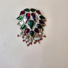 Vintage Indian Kundan Pendant Brooch Red Green Gold Faux Pearl Stone Jewelry