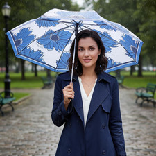 Brighton Showers of Flowers Blue Floral Compact Umbrella Signed Panel Stylized