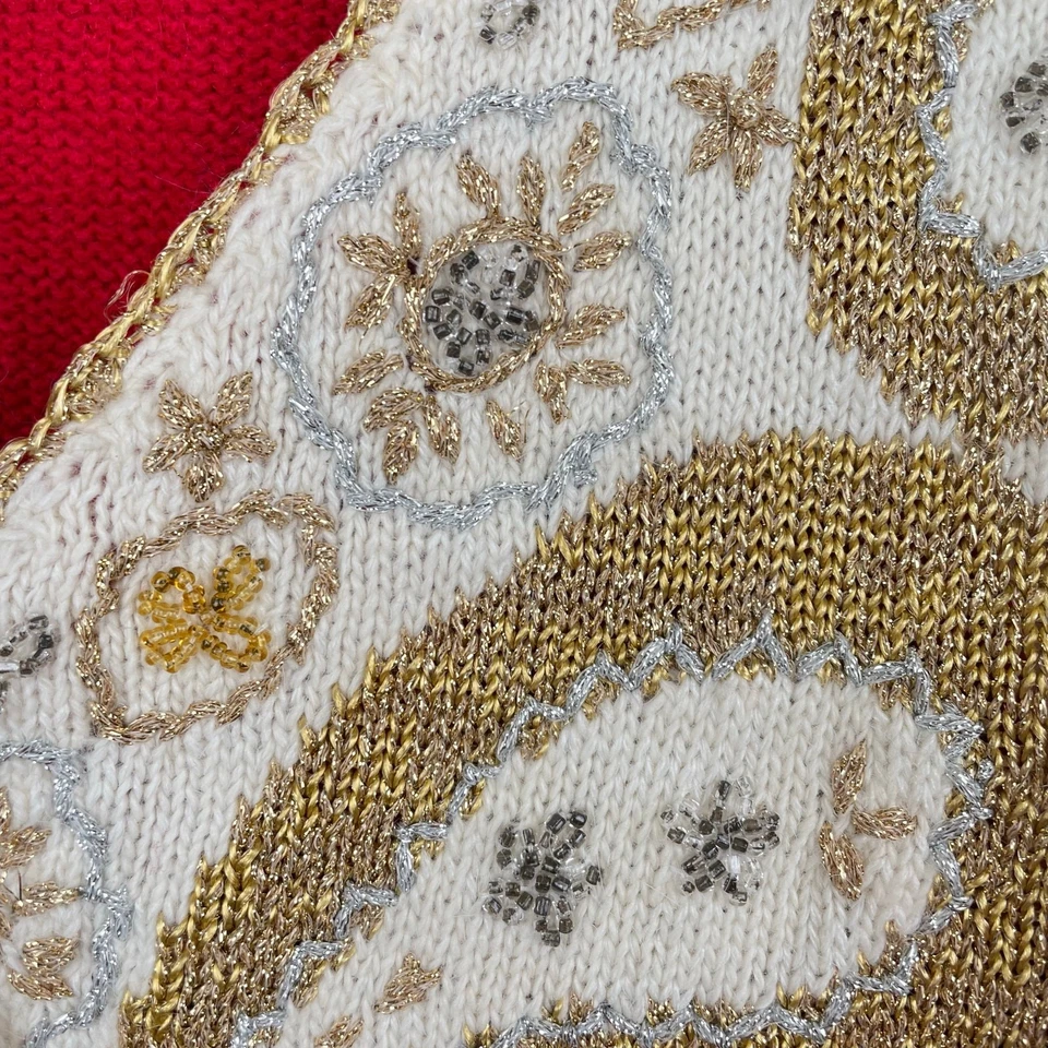 Vintage Womens Christmas Sweater Sz L Holiday Beaded Ugly Gold Embellished Red - Image 4 of 4