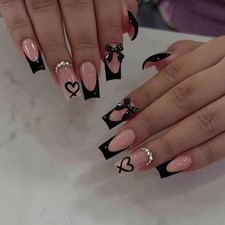 Medium Press on Nails Coffin Fake Nails Black French Tip False Nails