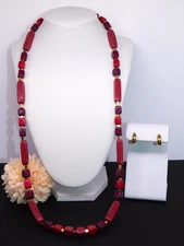 Vintage TRIFARI NAPIER Red Purple Elongated Bead Necklace Clip Hoop Earrings Lot
