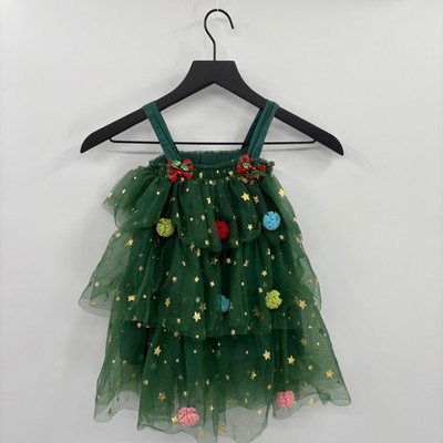 Girls Green Tulle Christmas Tree Dress Size 90 2T Gold Stars Bell Pom Poms Lined