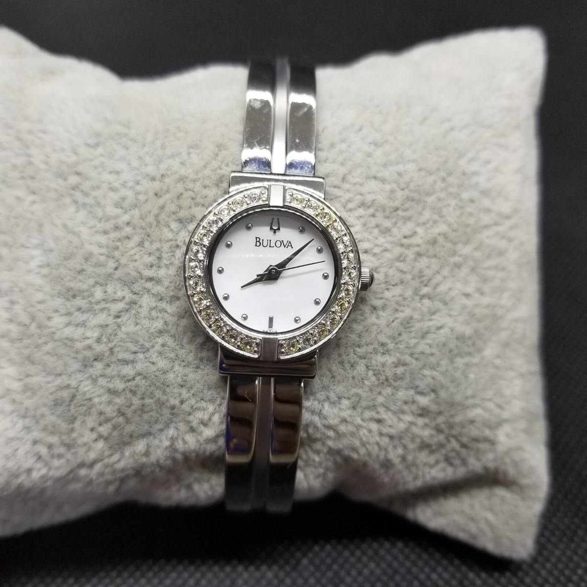 Bulova Womens Silver Tone Crystal Bezzel Round White Dial 