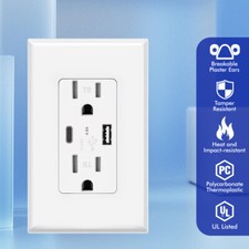 USB C Outlet PD 24W Power Delivery Duplex Receptacle 4.8A 15 Amp,UL Listed White