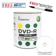 100 Smartbuy DVD-R 16X 4.7GB White Top Blank Media Disc + Black Permanent Marker
