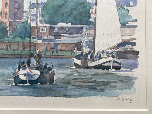 Aquarell 1987 Maritim Leuchtturm Bremerhaven mit Segelboote Schiffe Hafen - Bild 5 von 9