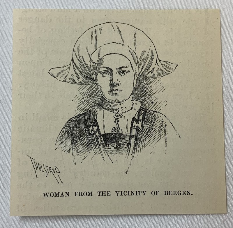 1889 small magazine engraving ~ WOMAN FROM VICINITY OF BERGEN Norway
