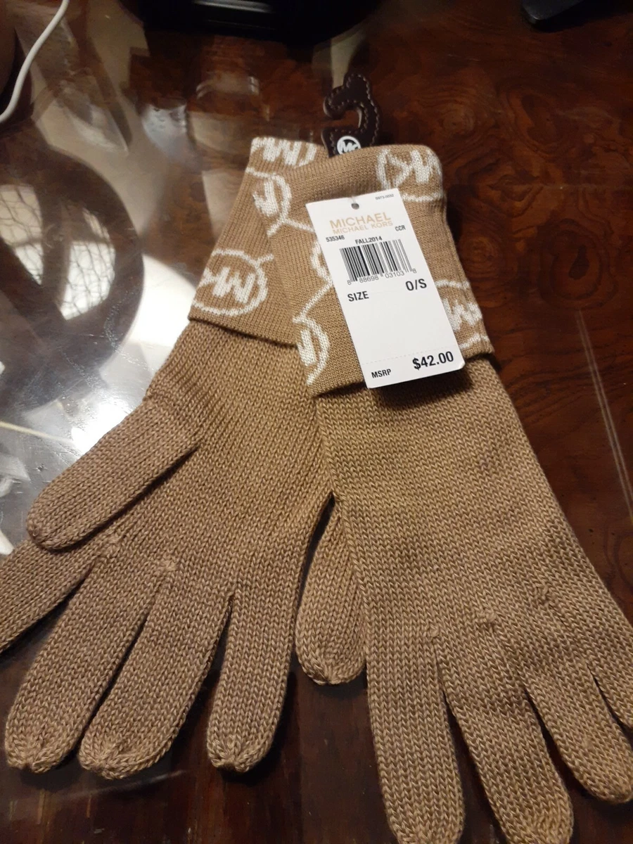 Michael Kors MK Logo Acrylic Knit Gloves Winter Cream Tan MSRP 45 NEW
