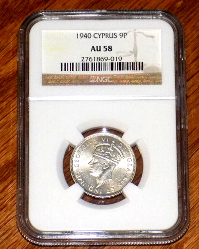 CYPRUS SILVER AU 9 PIASTRES COIN 1940 YEAR KM#25 GEORGE VI  NGC GRADING AU58