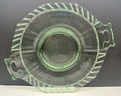 Vintage Green Depression Glass Decagon Shaped 10 1/2" Handled Plate