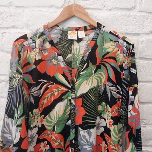 C C California Linen Blend Shirt Dress XL Black Floral Colorful Long Sleeve Midi - 第 5/11 張圖片