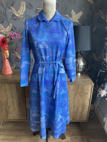 70s Vintage Blue Abstract Print Wool Feel Day Dress, Riddella Modell 14-16