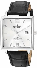 Peugeot Men's Modern Rectangular Black Leather Strap Watch 2062SL
