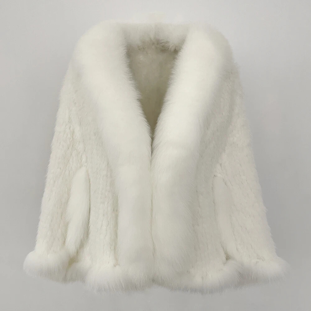 Pre-owned 100% Womens Real Mink Fur Knit Cape Coat Fox Fur Trim Shawl Poncho Wraps Wedding In White