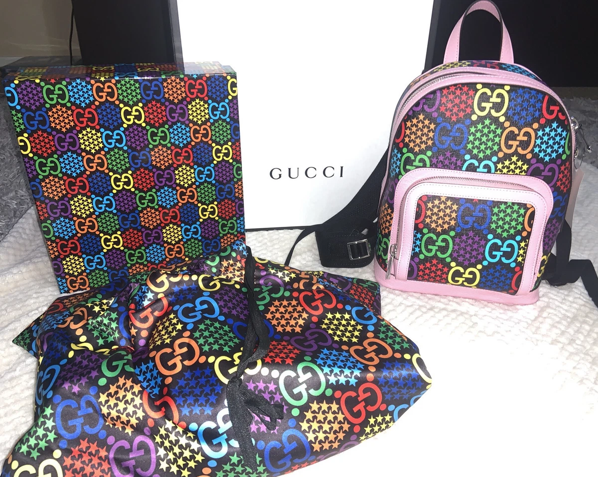 Authentic NWT Gucci 601296 GG Psychedelic Backpack Black Pink Canvas Leather F/S