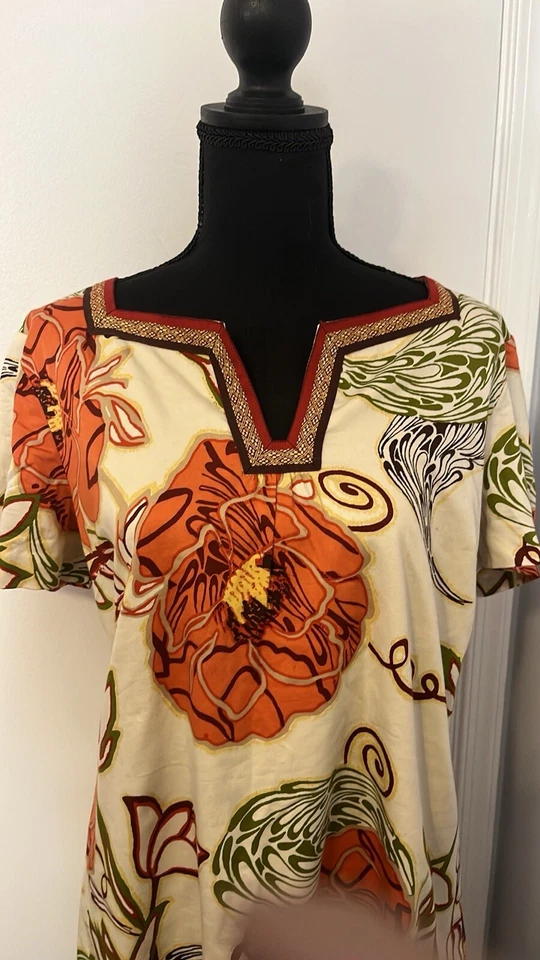 Dana Buchman Cotton Stretch Coral Green Ivory Floral Short Sleeve Shift Dress 8 - Image 4 of 4