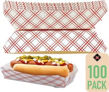 7 Inch Paper Hot Dog Tray in Red White Pattern. Pack of 100. Disposable, Recy...