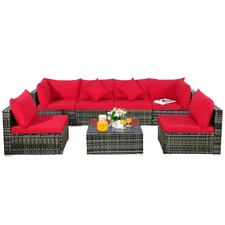 Patiojoy Patio 7PCS Rattan Furniture Set Sectional Sofa Garden Red Cushion