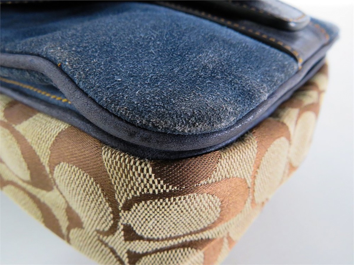 Auth Coach Beige Navy Canvas Leather Signature Mini Shoulder Bag