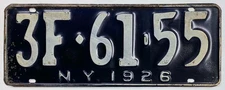 New York 1926 License Plate 3F-61-55 Original Paint Antique Garage Man Cave Sign