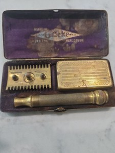 Vintage Early Gillette shaving kit Boxed With gold Metal Etched Razor Box 