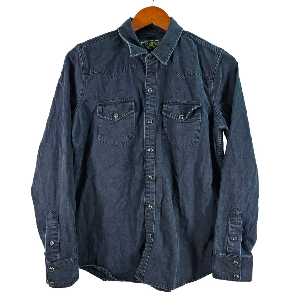 Camisa Western Lucky Brand Para Hombre Denim Negra Botón a Presión - Mediana Grunge Gótica Usada en Excelente Condición Foto 3 de 4
