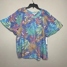Counterparts Tropical Blouse Top Women’s SZ XL Smocked Flutter Sleeve Blue Multi