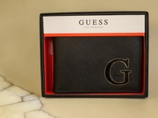 NEW WITH BOX MEN'S BLACK GUESS WALLET PASS FLIP CASE CLEAR ID BIFOLD CREDIT CARD