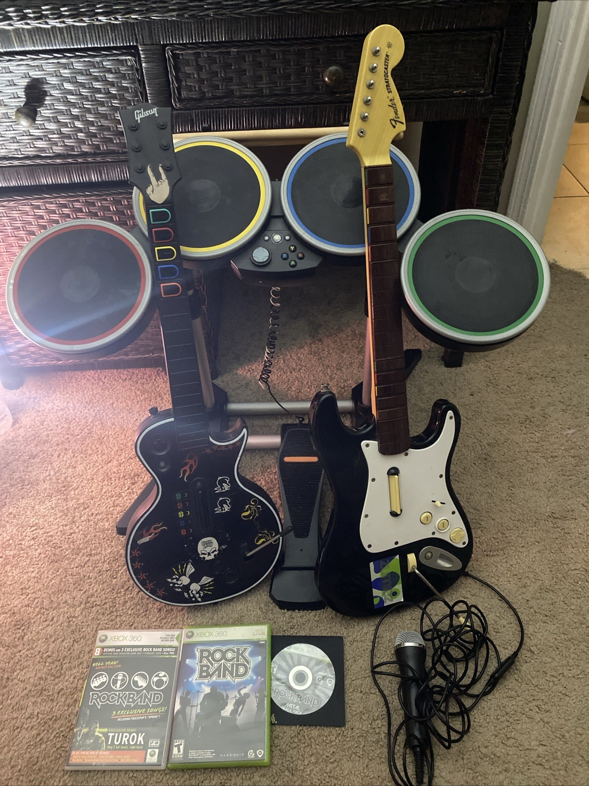 Xbox 360 Rock Band 2 Bundle Drum Set Lot, 2 Guitars, Mic & 3 Games - Works Great