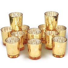 Votive Candle Holders Bulk, Mercury Glass Tealight Candle Set of 12 Gold