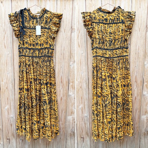 Ulla Johnson Amari Kleid Ringelblume Größe 0 Neu mit Etikett Midi Orange Schwarz Rüschen - Bild 2 von 14