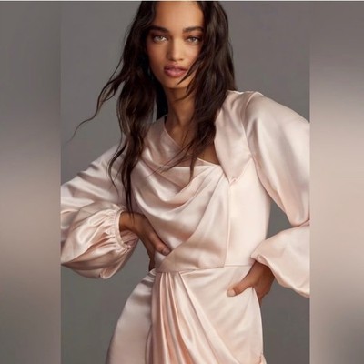 Acler Exton Mini Dress Pearl Pink Satin Draped Asymmetric Balloon Sleeve 10 (E)