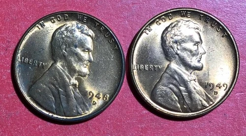 1948D & 1949D Choice to GEM Uncirculated LINCOLN CENT "FULL RED" "Denver" Coin
