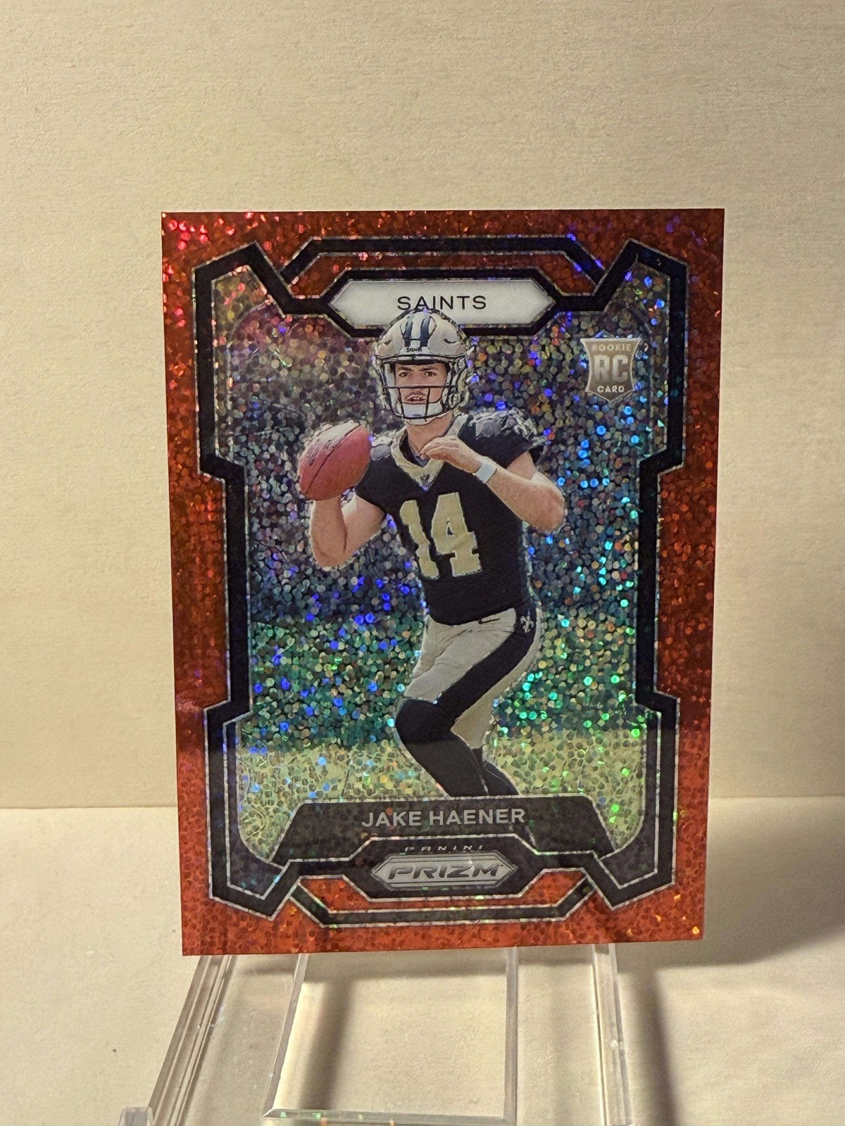 2023 Panini Prizm Jake Haener RC Red Sparkle Prizm #374 Saints