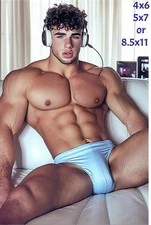 Shirtless Buff Muscle Jock Listening to Headphones Photo Photograph Reprint